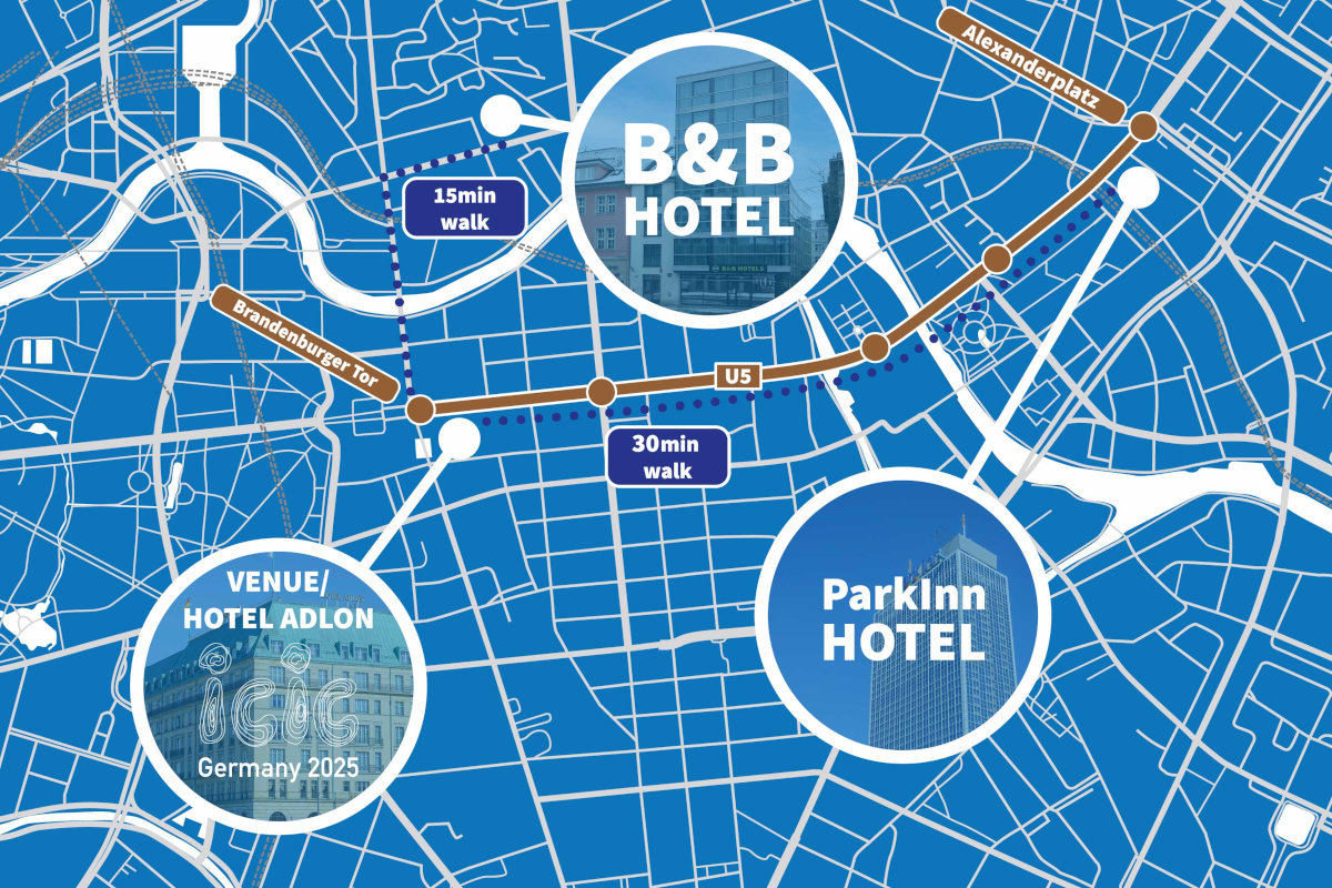 Berlin-Map with the venue and the hotels for ICIC 2025 (Source: Adobe Stock/BfDI-DH) Berlin-Map with the venue and the hotels for ICIC 2025